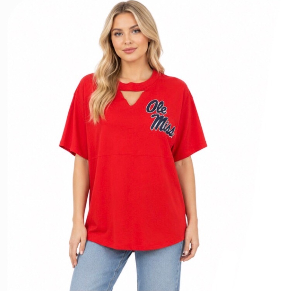Ole Miss Rebels Short Sleeve Keyhole Neck Tee with Holographic Spelled Out